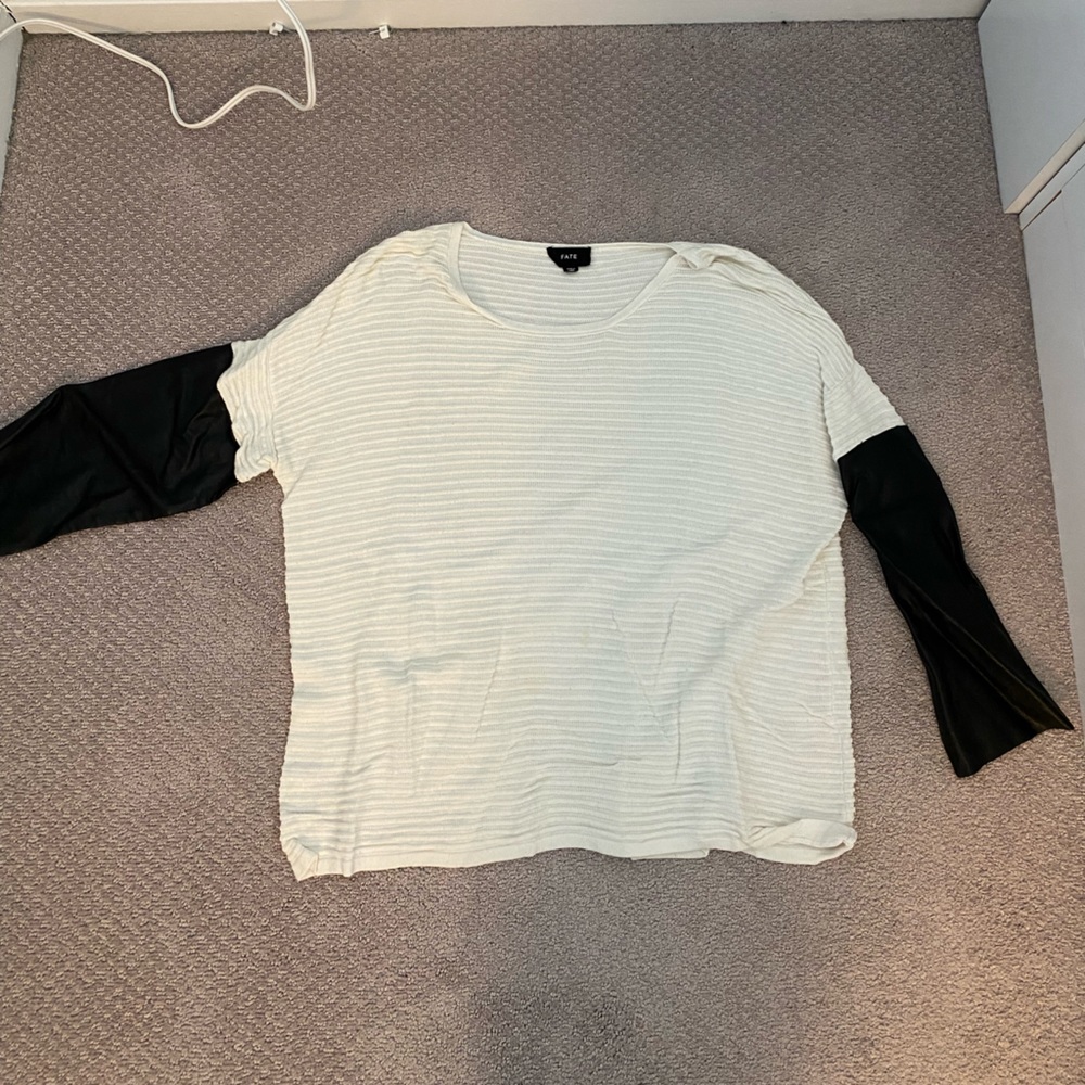FATE White Sweater w/ Black Leather Sleeves